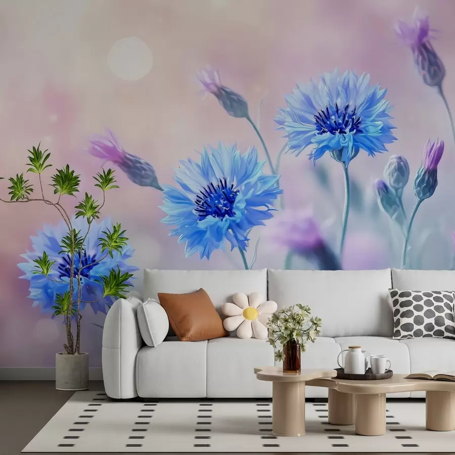 murais de parede Grandes flores de centáurea em um fundo rosa claro w02124