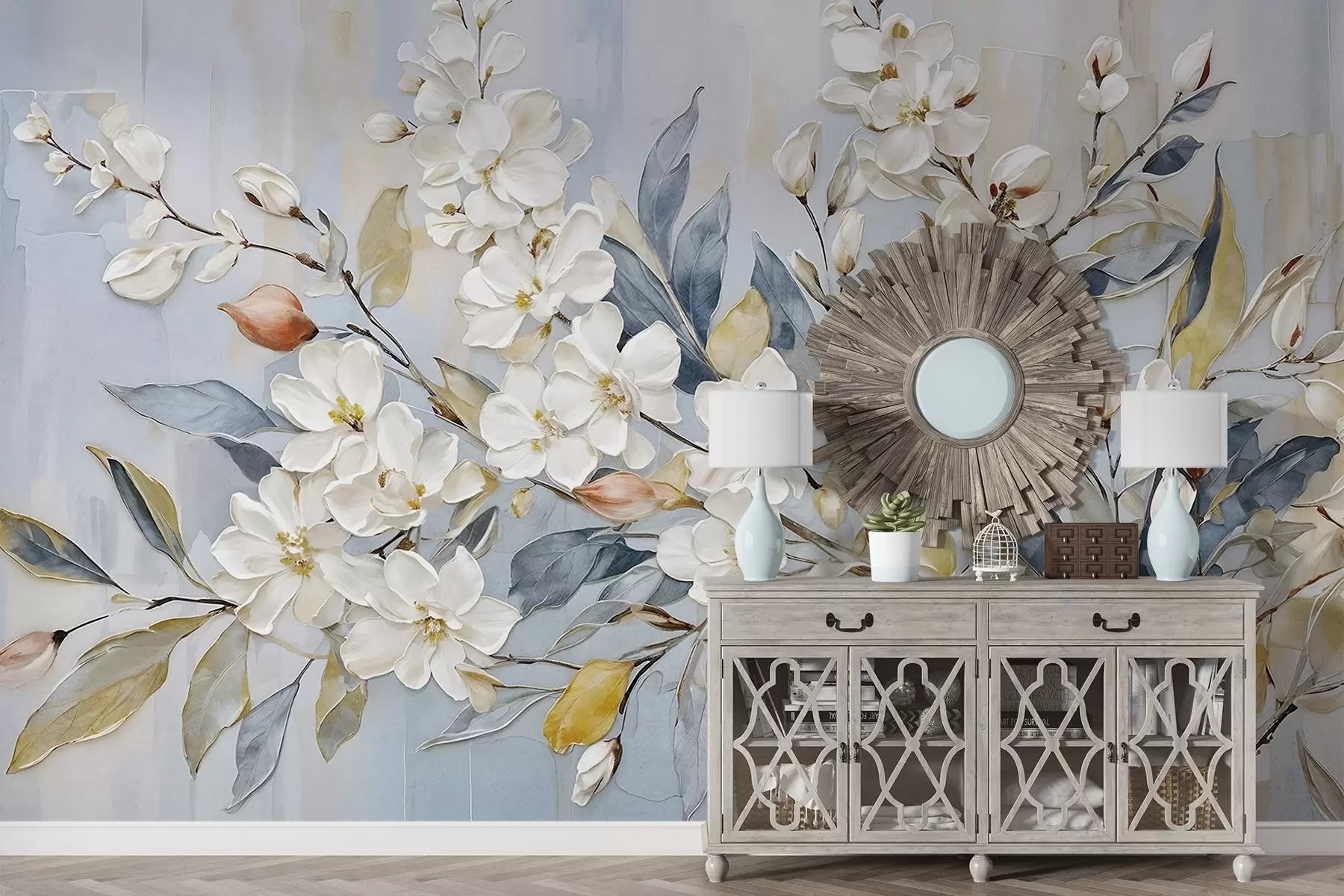 murais de parede Flores brancas delicadas em tons pastéis com centros amarelos, cercadas por folhas e galhos verdes exuberantes w08399v1