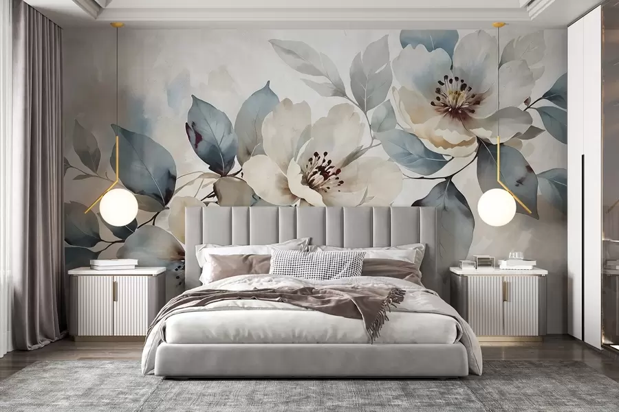 murais de parede Delicado arranjo floral branco e azul com textura de aquarela, com pétalas e centros macios w08401