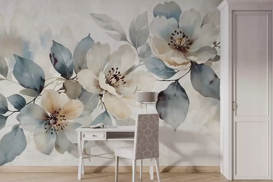 murais de parede Delicado arranjo floral branco e azul com textura de aquarela, com pétalas e centros macios w08401