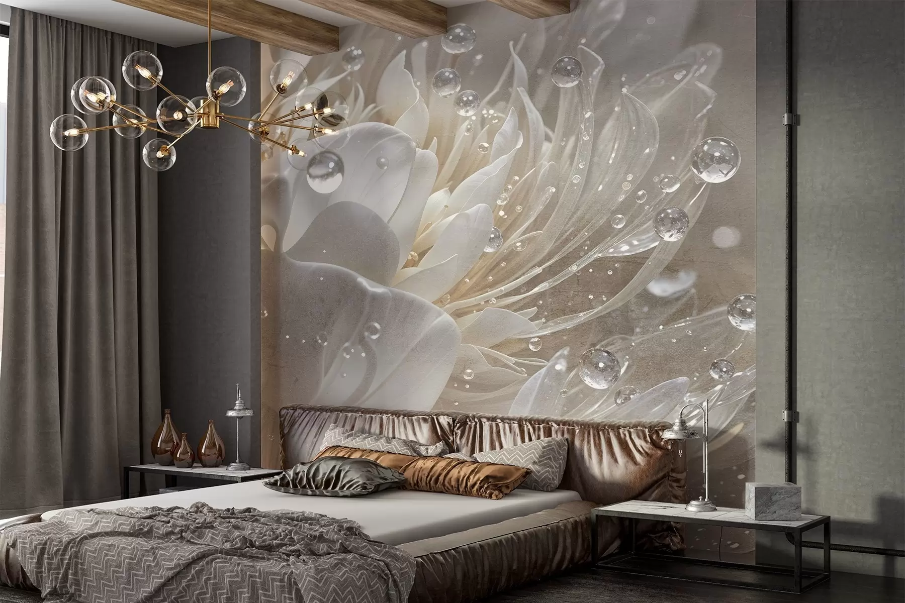 murais de parede Um close-up de uma flor de peônia bege com gotículas de água em suas pétalas delicadas, criando uma atmosfera suave w08402