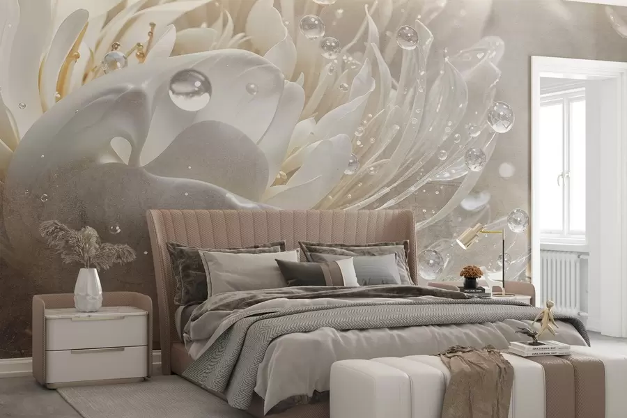 murais de parede Um close-up de uma flor de peônia bege com gotículas de água em suas pétalas delicadas, criando uma atmosfera suave w08402