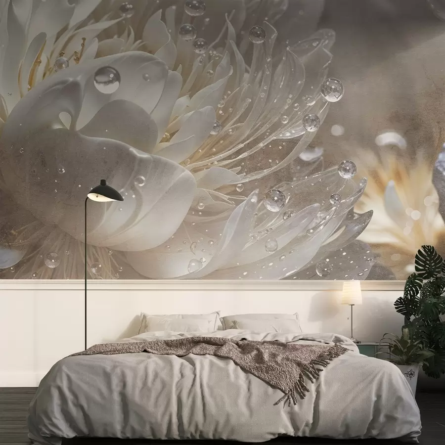 murais de parede Um close-up de uma flor de peônia bege com gotículas de água em suas pétalas delicadas, criando uma atmosfera suave w08402