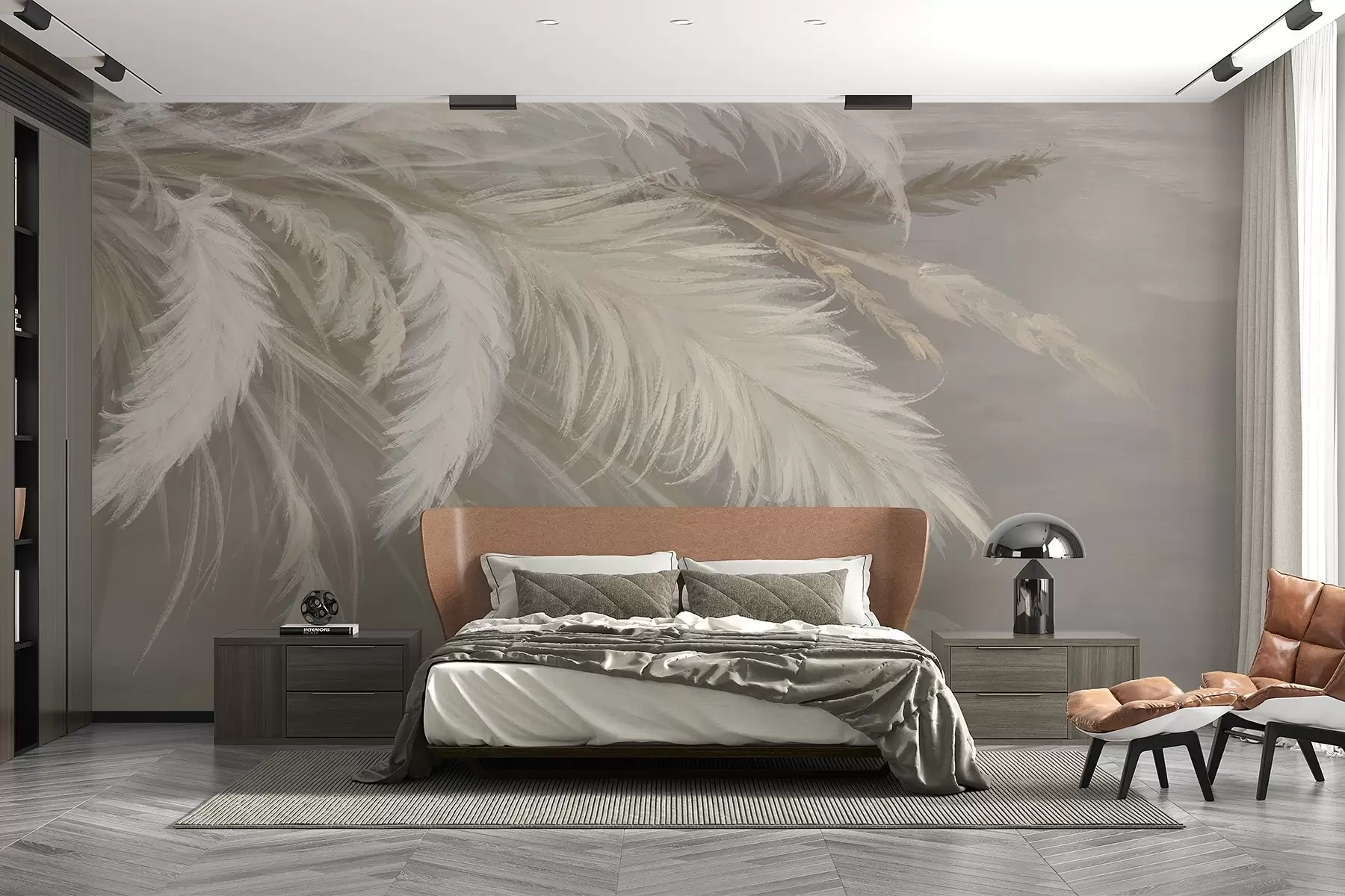 murais de parede Penas brancas macias e fofas e flores secas em um fundo bege pastel neutro w08403