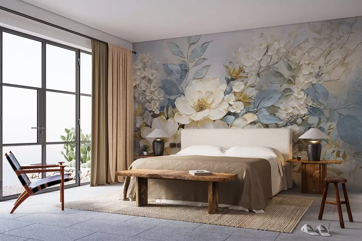 murais de parede Grandes flores brancas e amarelas pálidas com textura e folhas verde-acinzentadas em um fundo suave e desfocado w08404