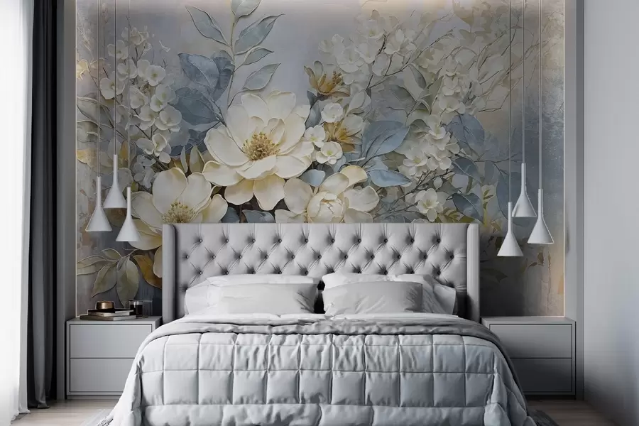 murais de parede Grandes flores brancas e amarelas pálidas com textura e folhas verde-acinzentadas em um fundo suave e desfocado w08404