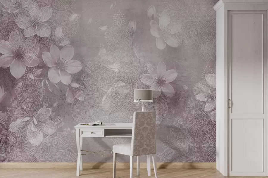 murais de parede Desenho com foco suave de delicadas flores brancas em um fundo borrado e texturizado com bordas de renda w08405v2