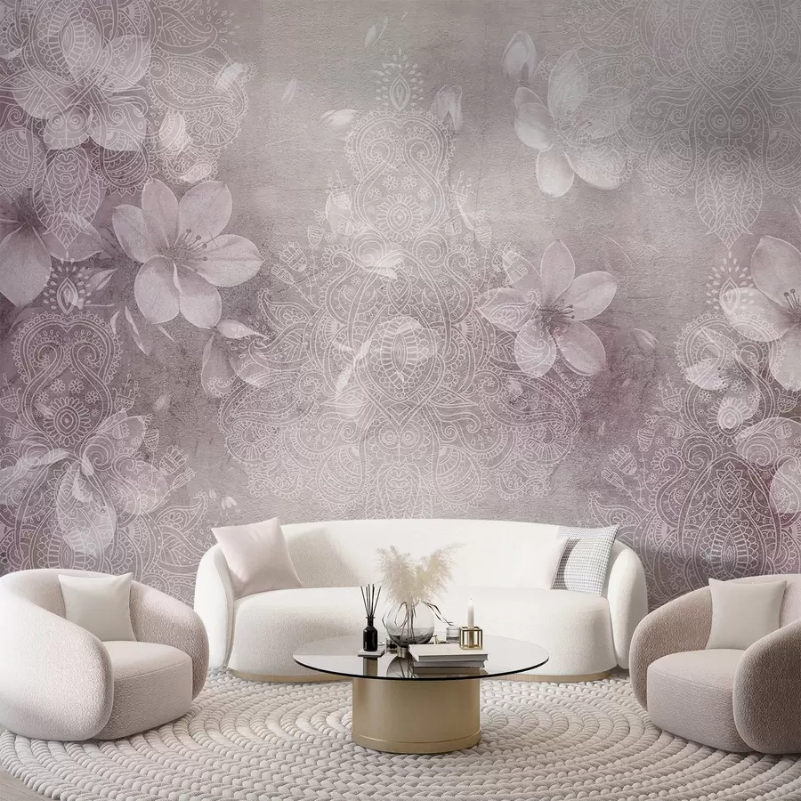 murais de parede Desenho com foco suave de delicadas flores brancas em um fundo borrado e texturizado com bordas de renda w08405v2