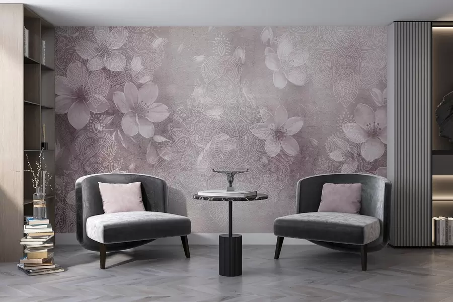 murais de parede Desenho com foco suave de delicadas flores brancas em um fundo borrado e texturizado com bordas de renda w08405v2