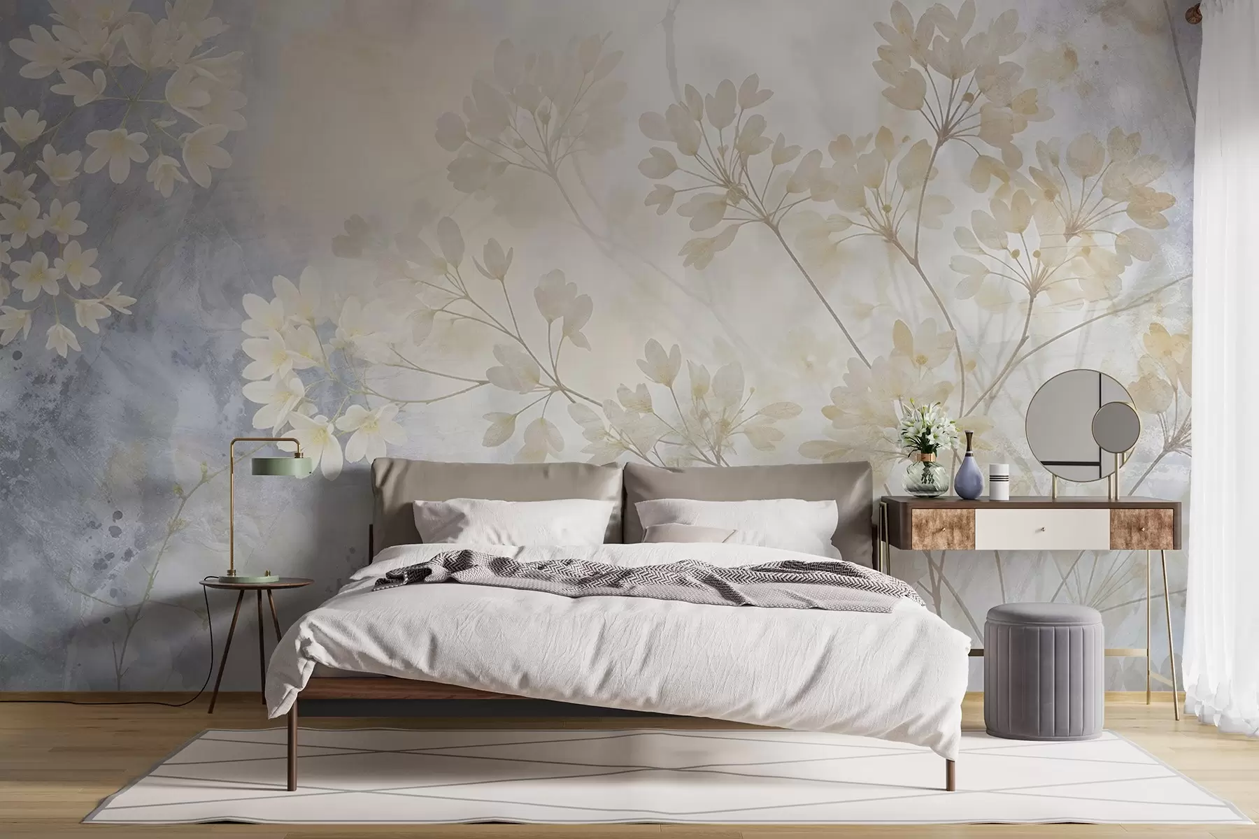 murais de parede Impressão abstrata delicada em tons pastéis de flores brancas em um fundo desfocado, suave e etéreo w08408