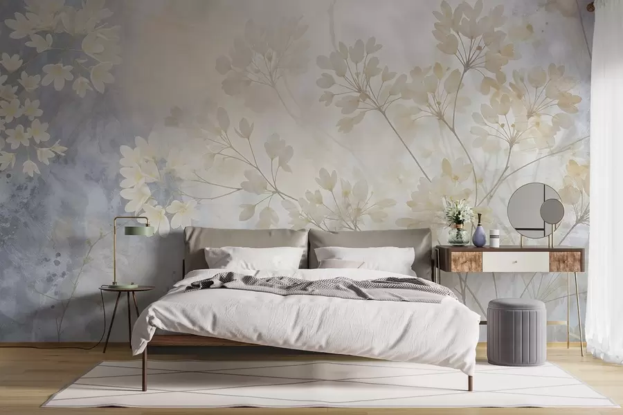 murais de parede Impressão abstrata delicada em tons pastéis de flores brancas em um fundo desfocado, suave e etéreo w08408