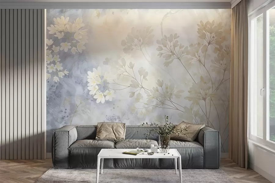 murais de parede Impressão abstrata delicada em tons pastéis de flores brancas em um fundo desfocado, suave e etéreo w08408