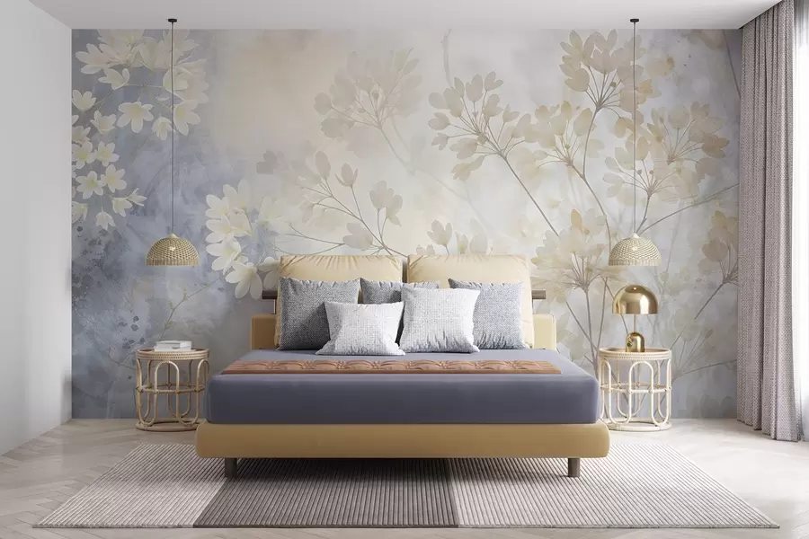 murais de parede Impressão abstrata delicada em tons pastéis de flores brancas em um fundo desfocado, suave e etéreo w08408