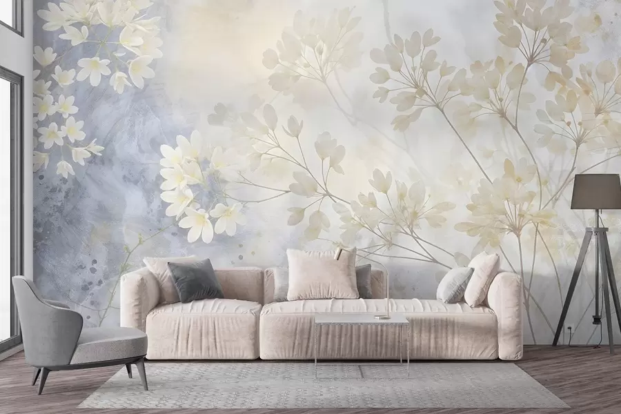 murais de parede Impressão abstrata delicada em tons pastéis de flores brancas em um fundo desfocado, suave e etéreo w08408