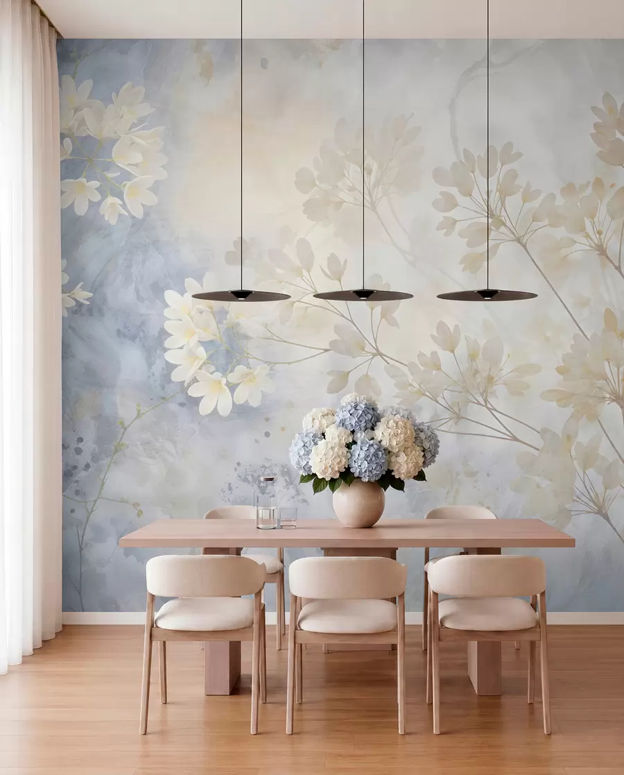 murais de parede Impressão abstrata delicada em tons pastéis de flores brancas em um fundo desfocado, suave e etéreo w08408