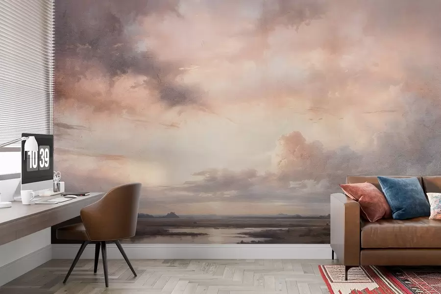 murais de parede Impressão texturizada de paisagem dramática do céu nublado sobre um lago calmo ao pôr do sol, com colinas visíveis à distância w08409
