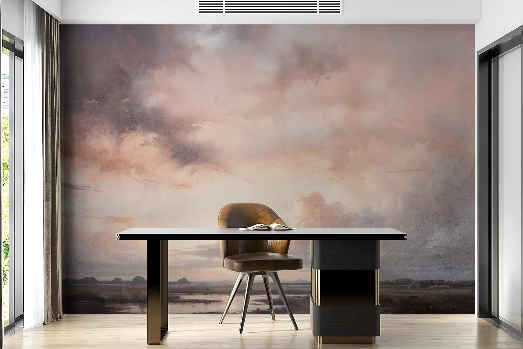 murais de parede Impressão texturizada de paisagem dramática do céu nublado sobre um lago calmo ao pôr do sol, com colinas visíveis à distância w08409