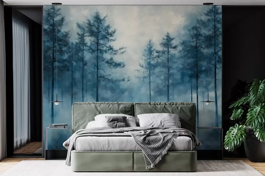 murais de parede Floresta mística, pinheiros, neblina, tinta acrílica, cores azuis profundas w02149