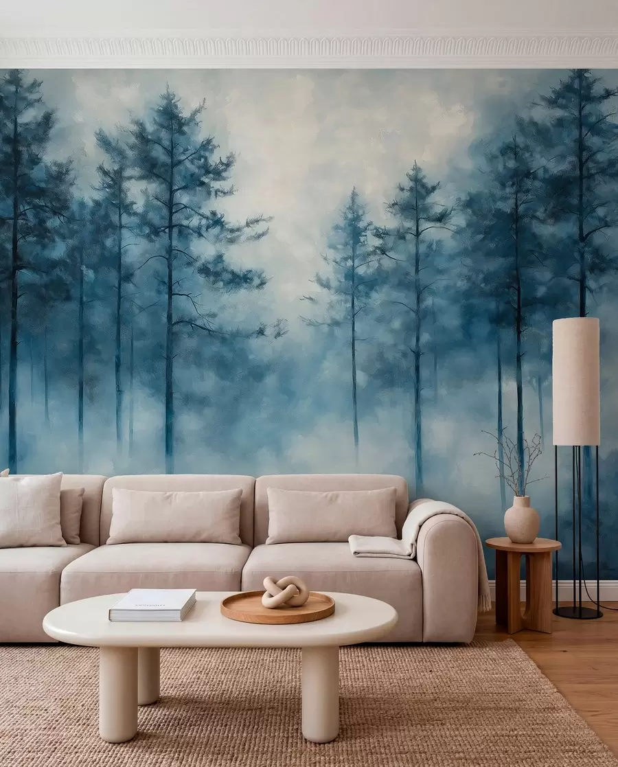 murais de parede Floresta mística, pinheiros, neblina, tinta acrílica, cores azuis profundas w02149