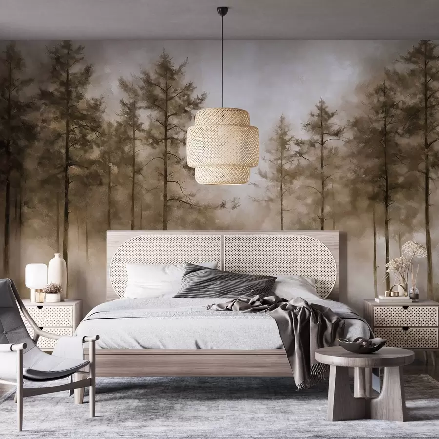 murais de parede Floresta mística, pinheiros, neblina, tinta acrílica, cores bege w02149v1