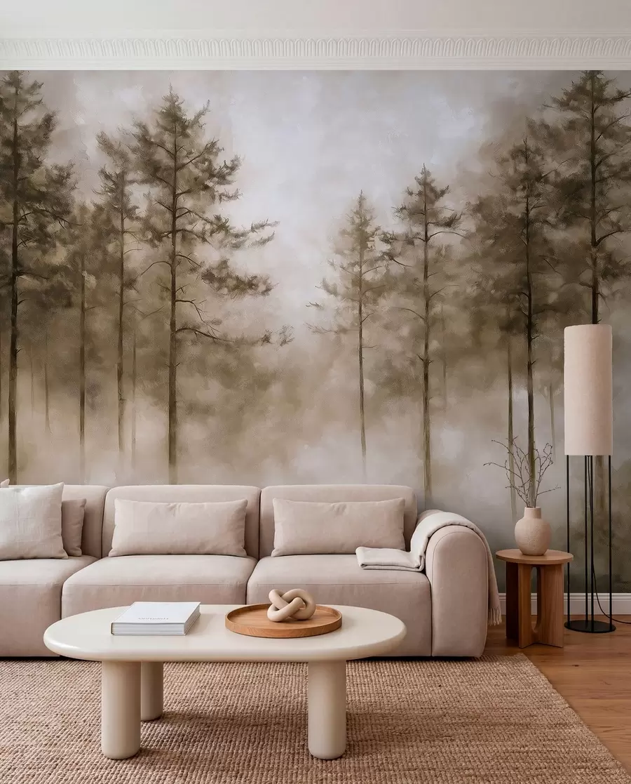 murais de parede Floresta mística, pinheiros, neblina, tinta acrílica, cores bege w02149v1