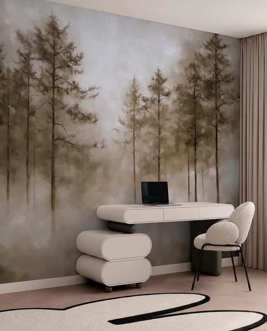murais de parede Floresta mística, pinheiros, neblina, tinta acrílica, cores bege w02149v1