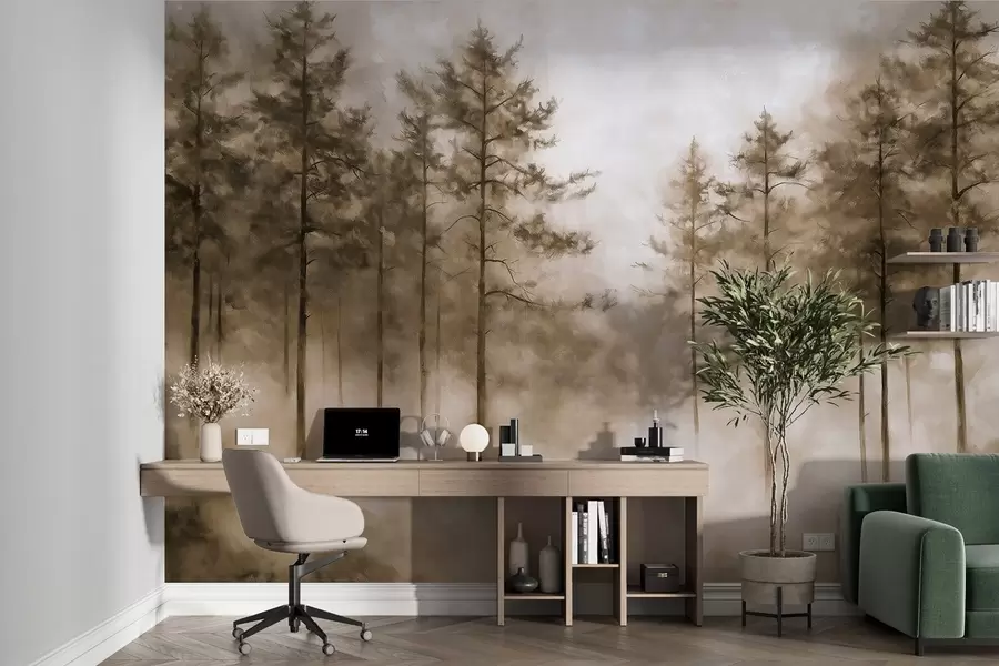 murais de parede Floresta mística, pinheiros, neblina, tinta acrílica, cores bege w02149v1