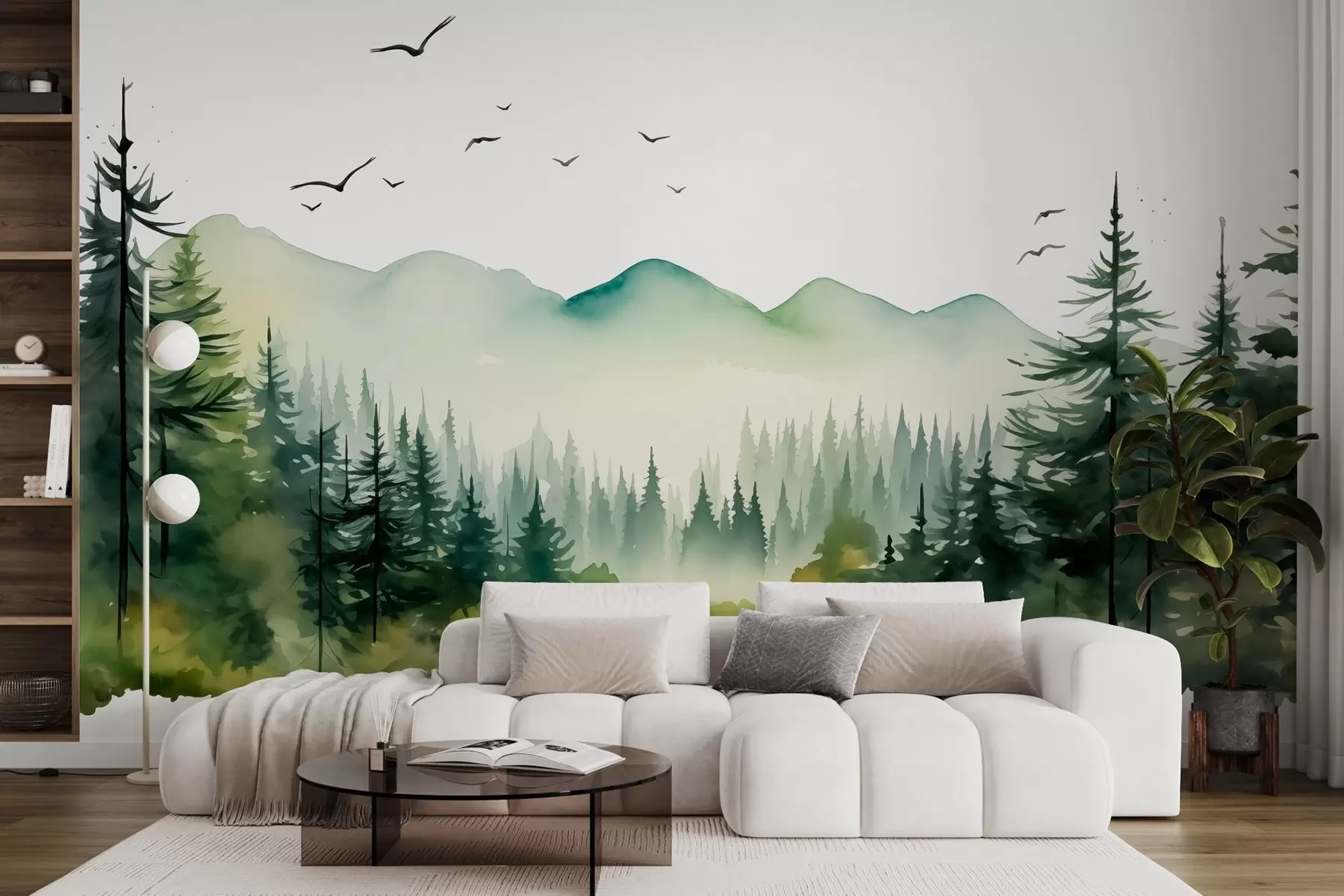 murais de parede Paisagens de florestas e montanhas em aquarela, paleta de cores verdes  w02150