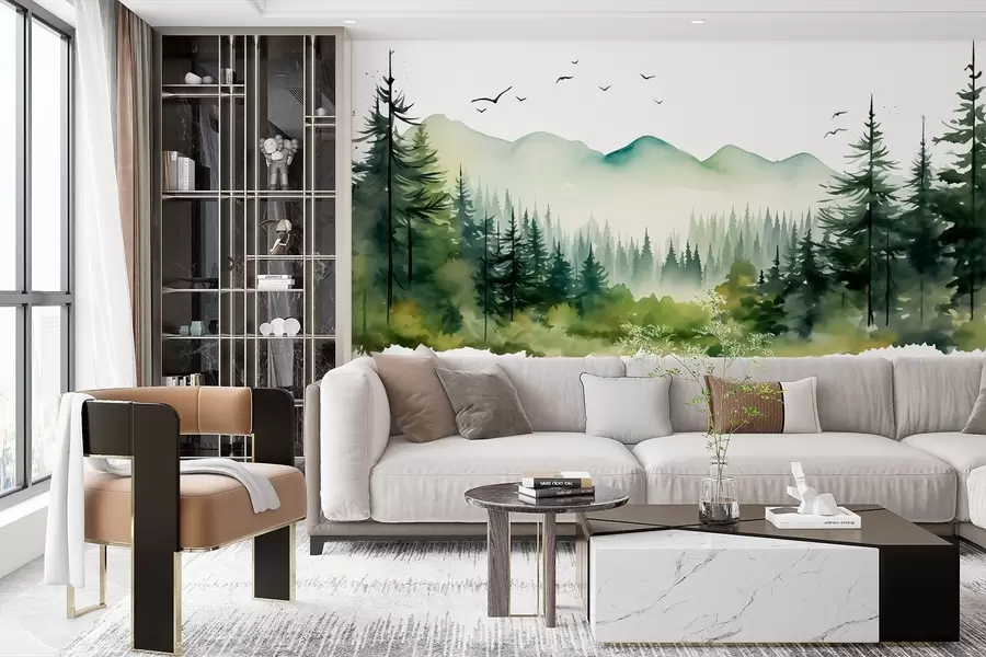 murais de parede Paisagens de florestas e montanhas em aquarela, paleta de cores verdes  w02150