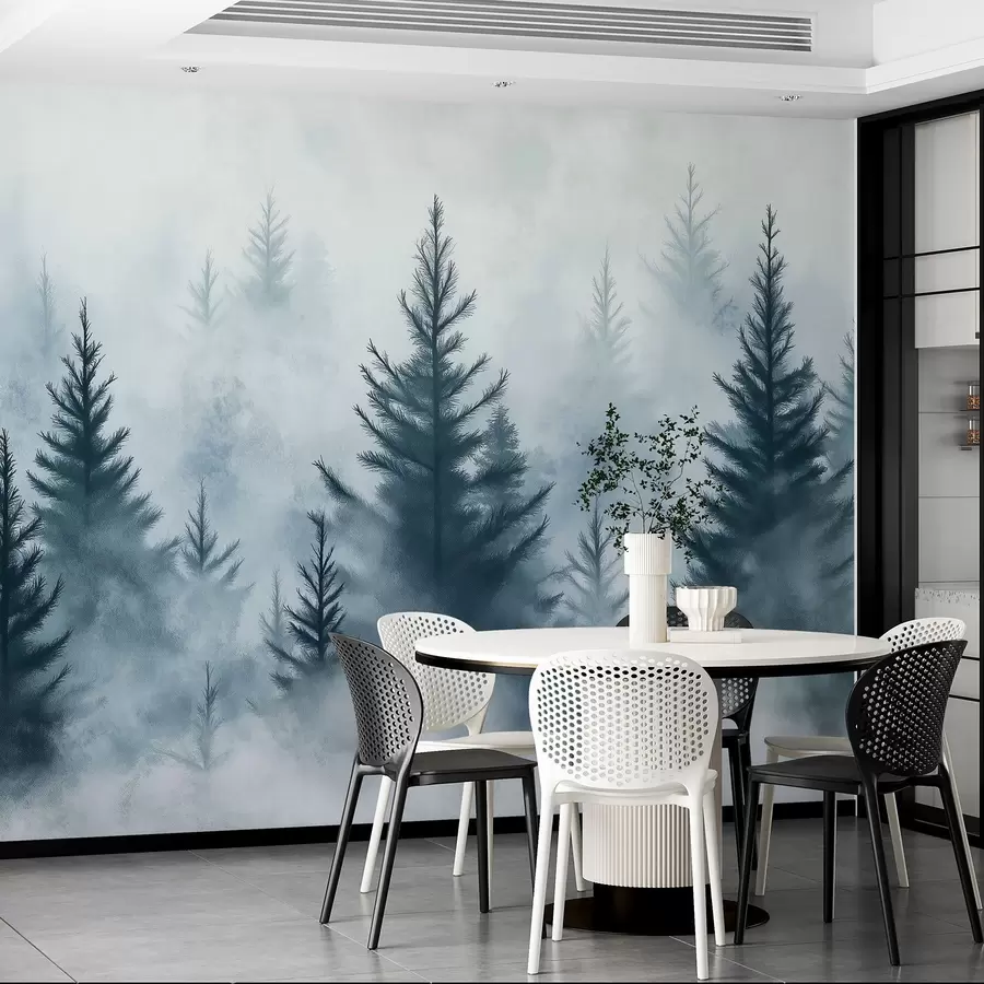 murais de parede Floresta na névoa, pinheiros, aquarela, cores azuis w02152