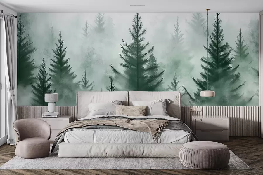 murais de parede Floresta na névoa, pinheiros, aquarela, cores verdes w02152v1