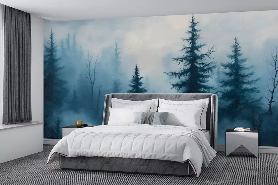murais de parede Floresta azul-escura, pintura a óleo, pinceladas, natureza w02153