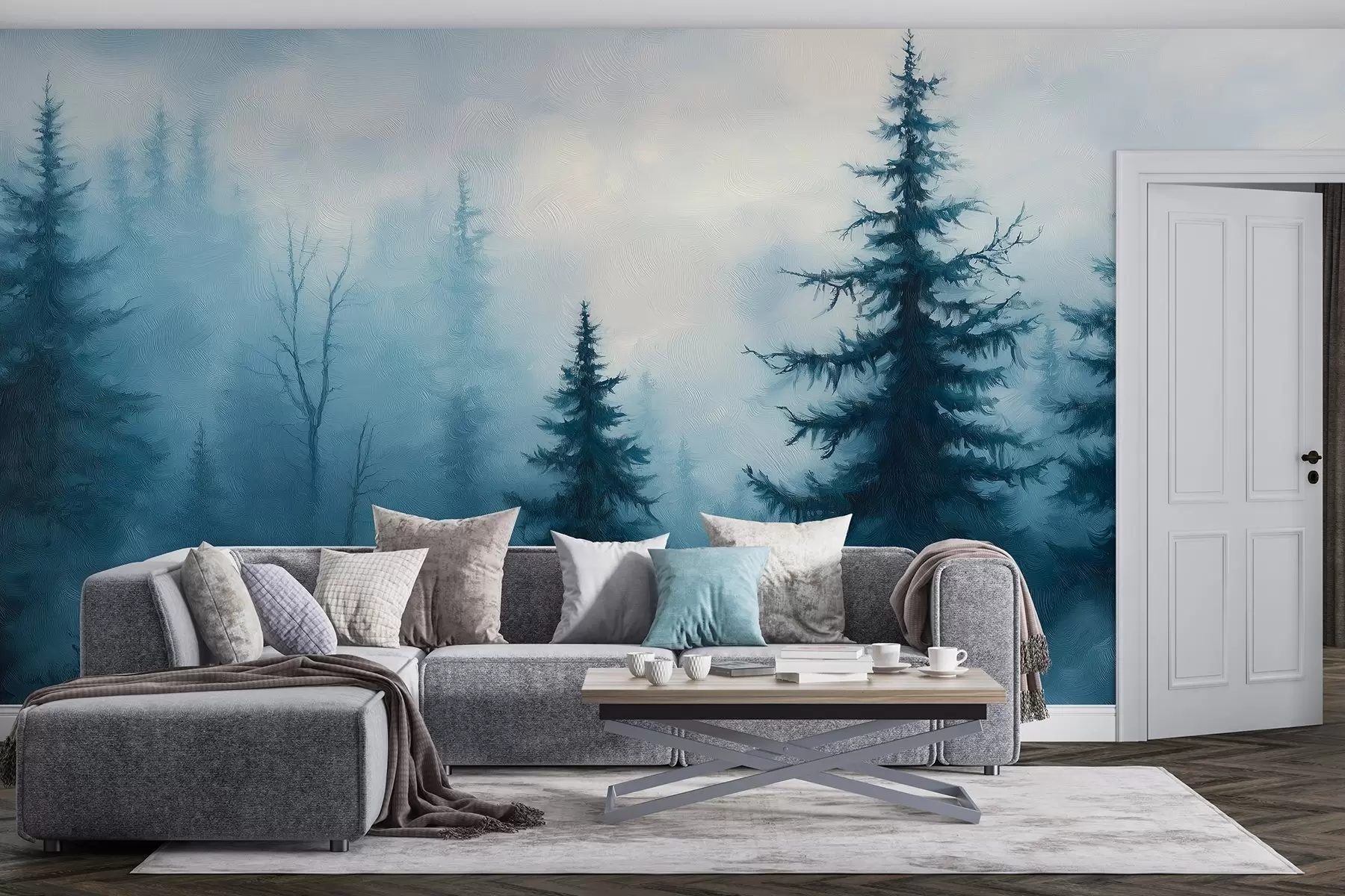 murais de parede Floresta azul-escura, pintura a óleo, pinceladas, natureza w02153