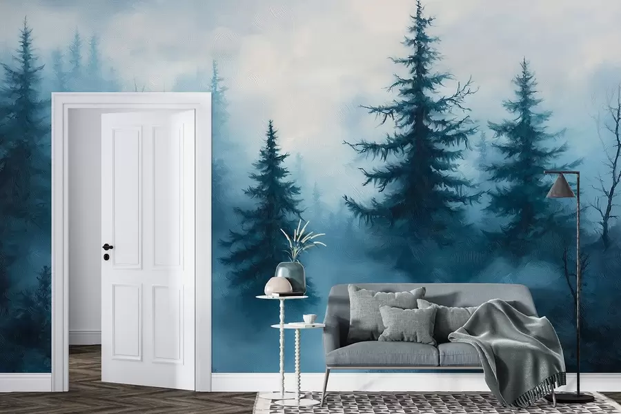 murais de parede Floresta azul-escura, pintura a óleo, pinceladas, natureza w02153