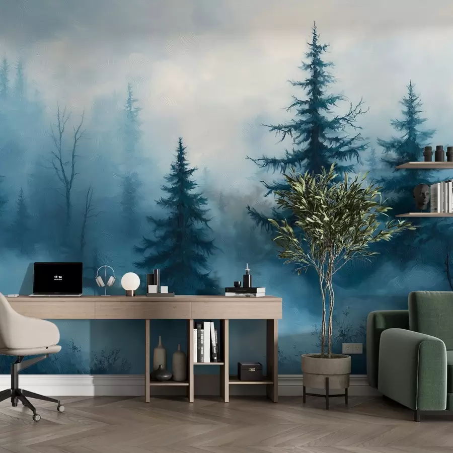 murais de parede Floresta azul-escura, pintura a óleo, pinceladas, natureza w02153