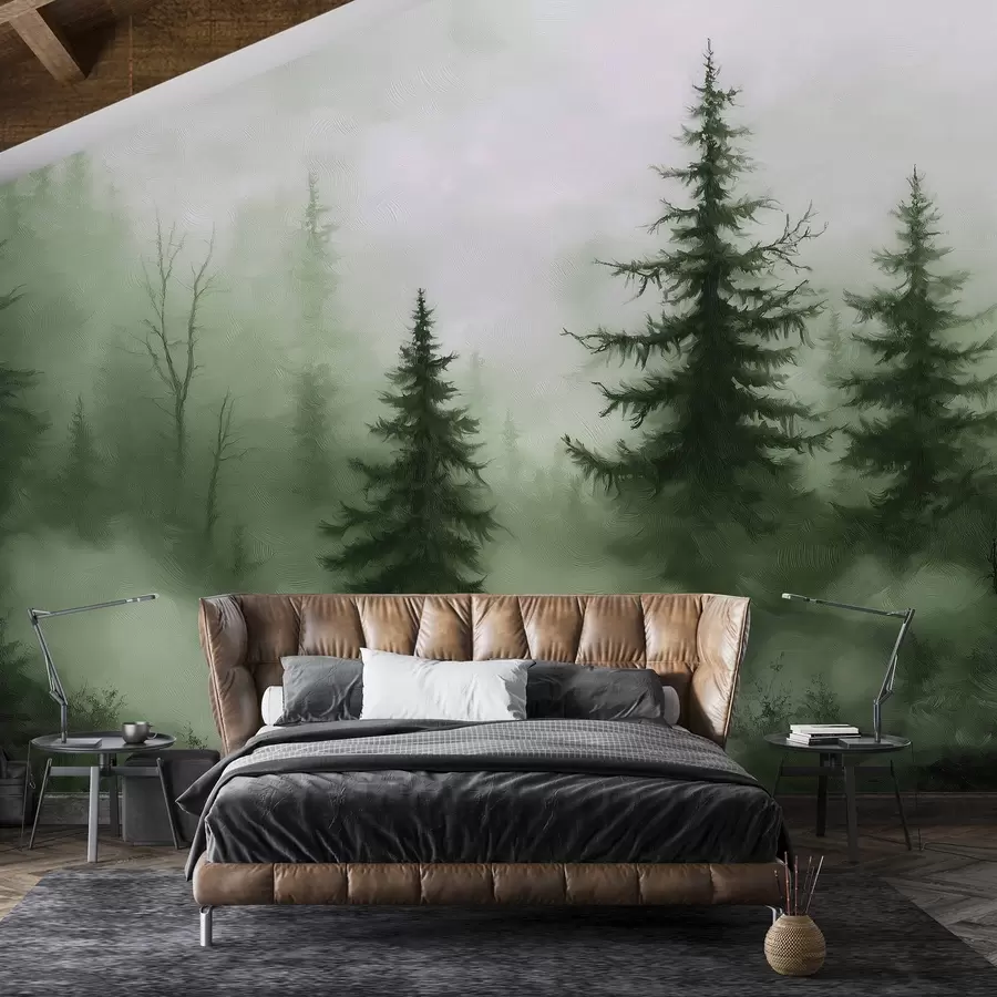 murais de parede Floresta verde-escura, pintura a óleo, pinceladas, natureza w02153v1