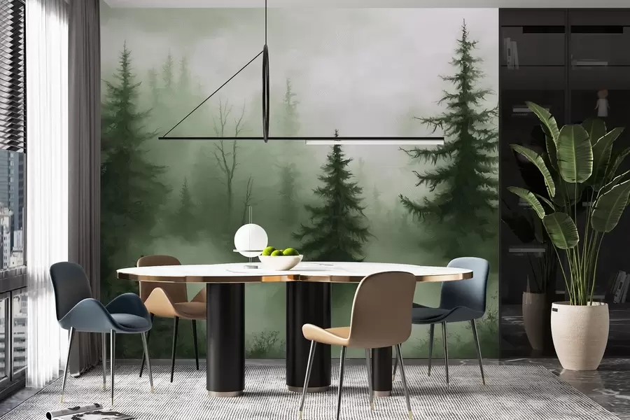 murais de parede Floresta verde-escura, pintura a óleo, pinceladas, natureza w02153v1
