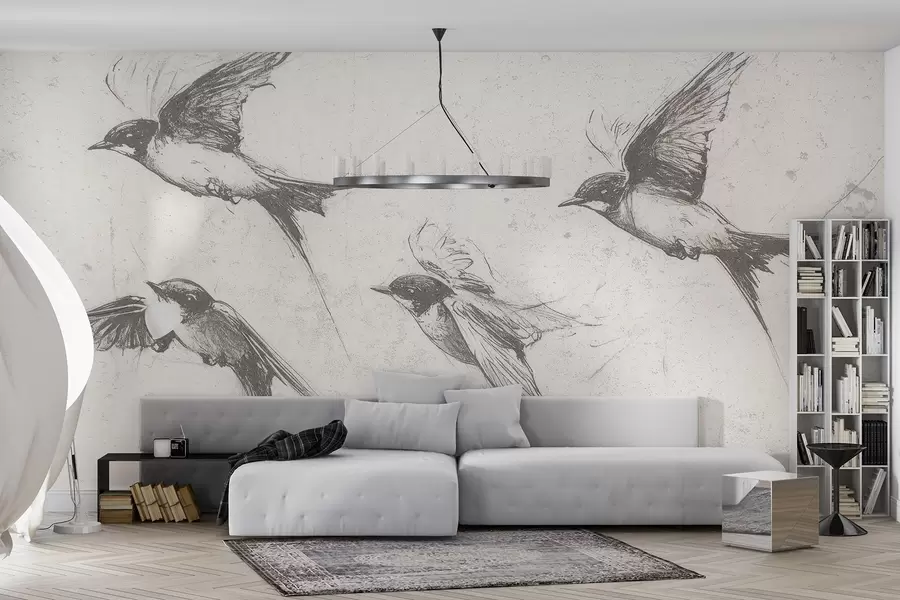 murais de parede Pássaros voadores, desenho a nanquim, minimalismo, cores cinza w02155