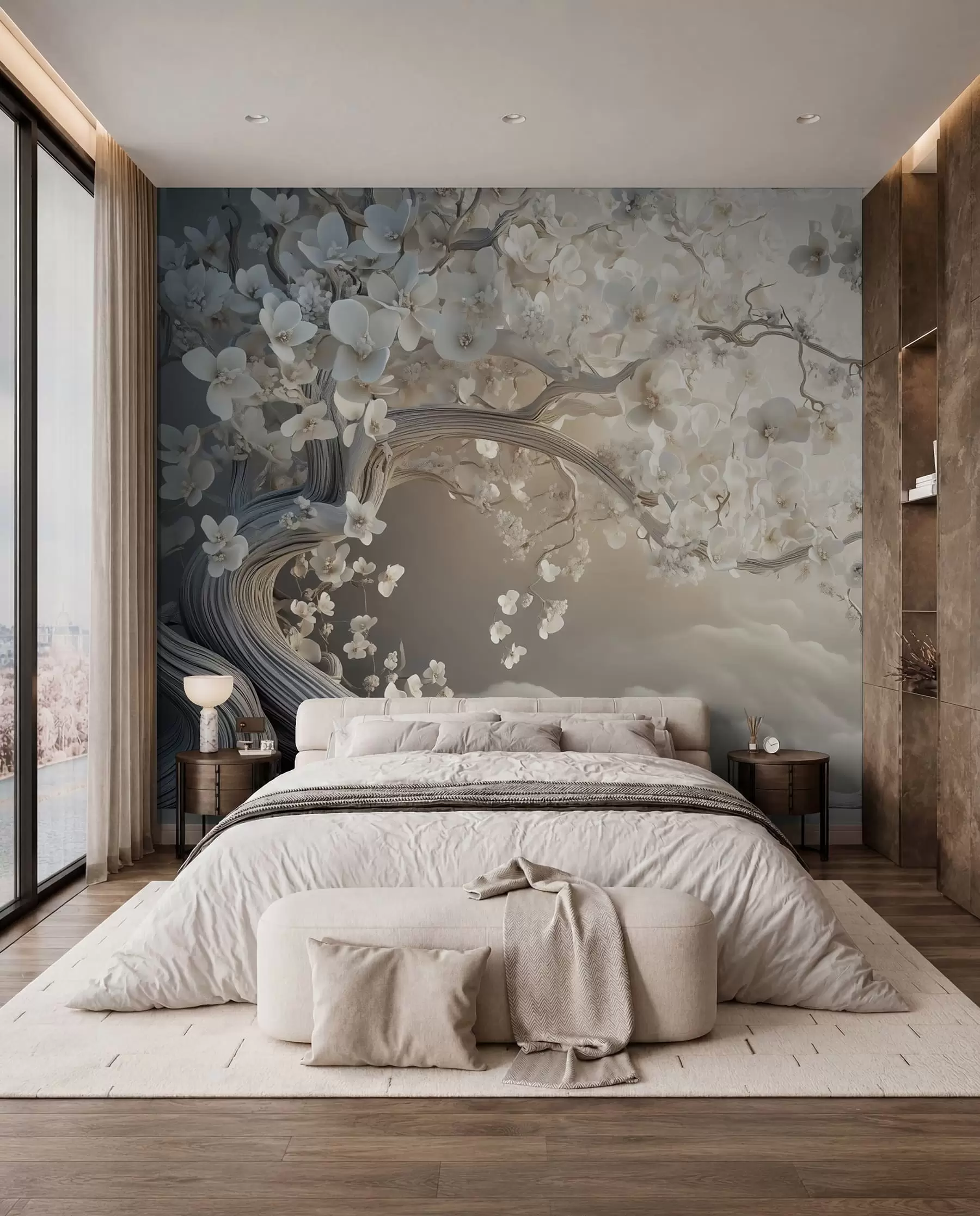 murais de parede Uma árvore encantadora com flores brancas contra o fundo de nuvens em um estilo interessante com cores quentes e delicadas w02133