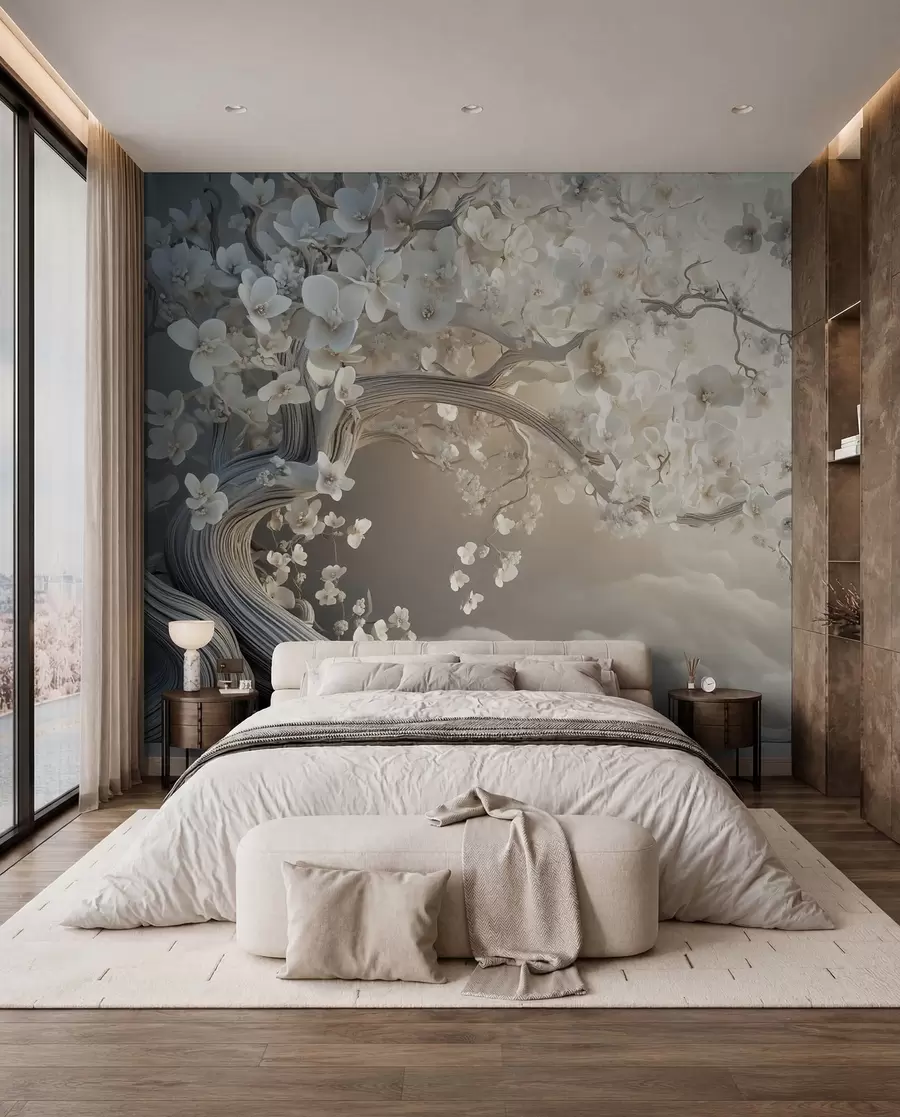 murais de parede Uma árvore encantadora com flores brancas contra o fundo de nuvens em um estilo interessante com cores quentes e delicadas w02133