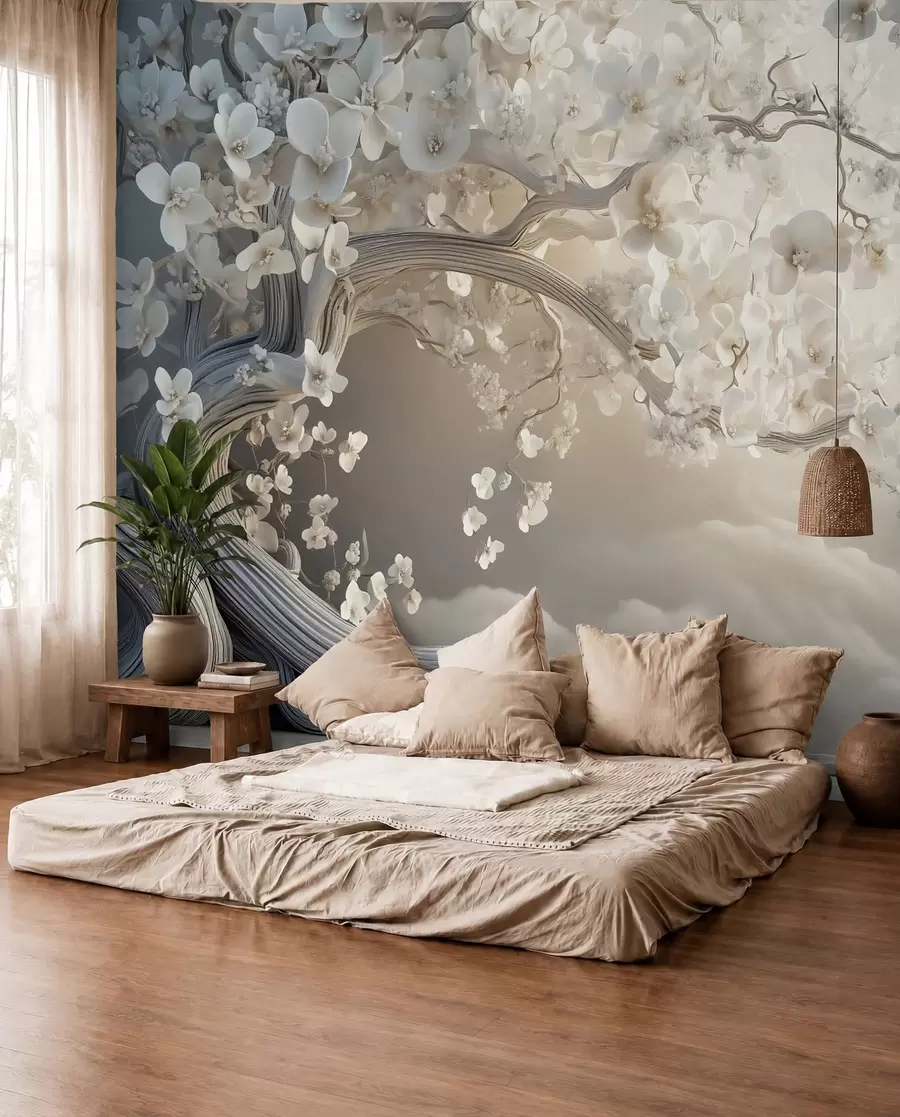 murais de parede Uma árvore encantadora com flores brancas contra o fundo de nuvens em um estilo interessante com cores quentes e delicadas w02133