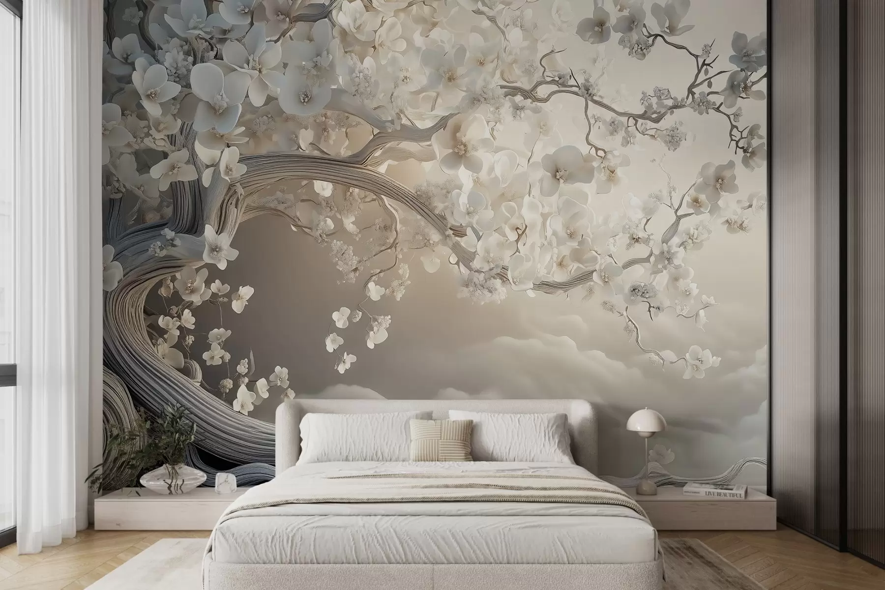 murais de parede Uma árvore encantadora com flores brancas contra o fundo de nuvens em um estilo interessante com cores quentes e delicadas w02133