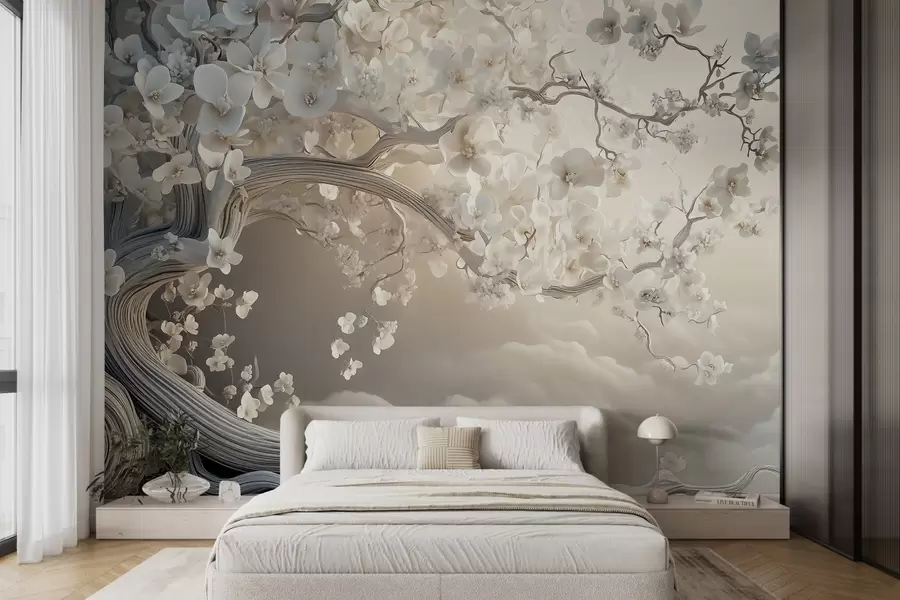 murais de parede Uma árvore encantadora com flores brancas contra o fundo de nuvens em um estilo interessante com cores quentes e delicadas w02133
