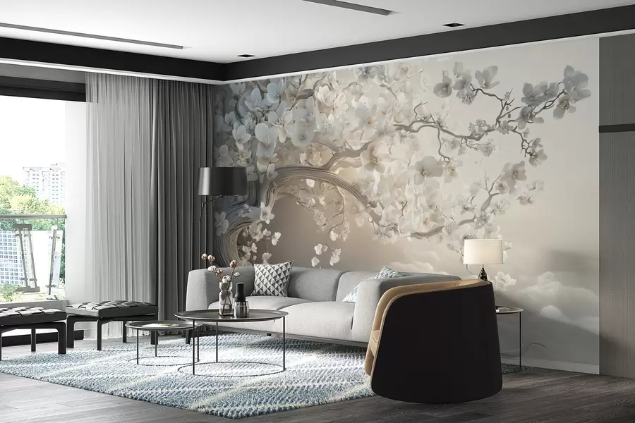 murais de parede Uma árvore encantadora com flores brancas contra o fundo de nuvens em um estilo interessante com cores quentes e delicadas w02133