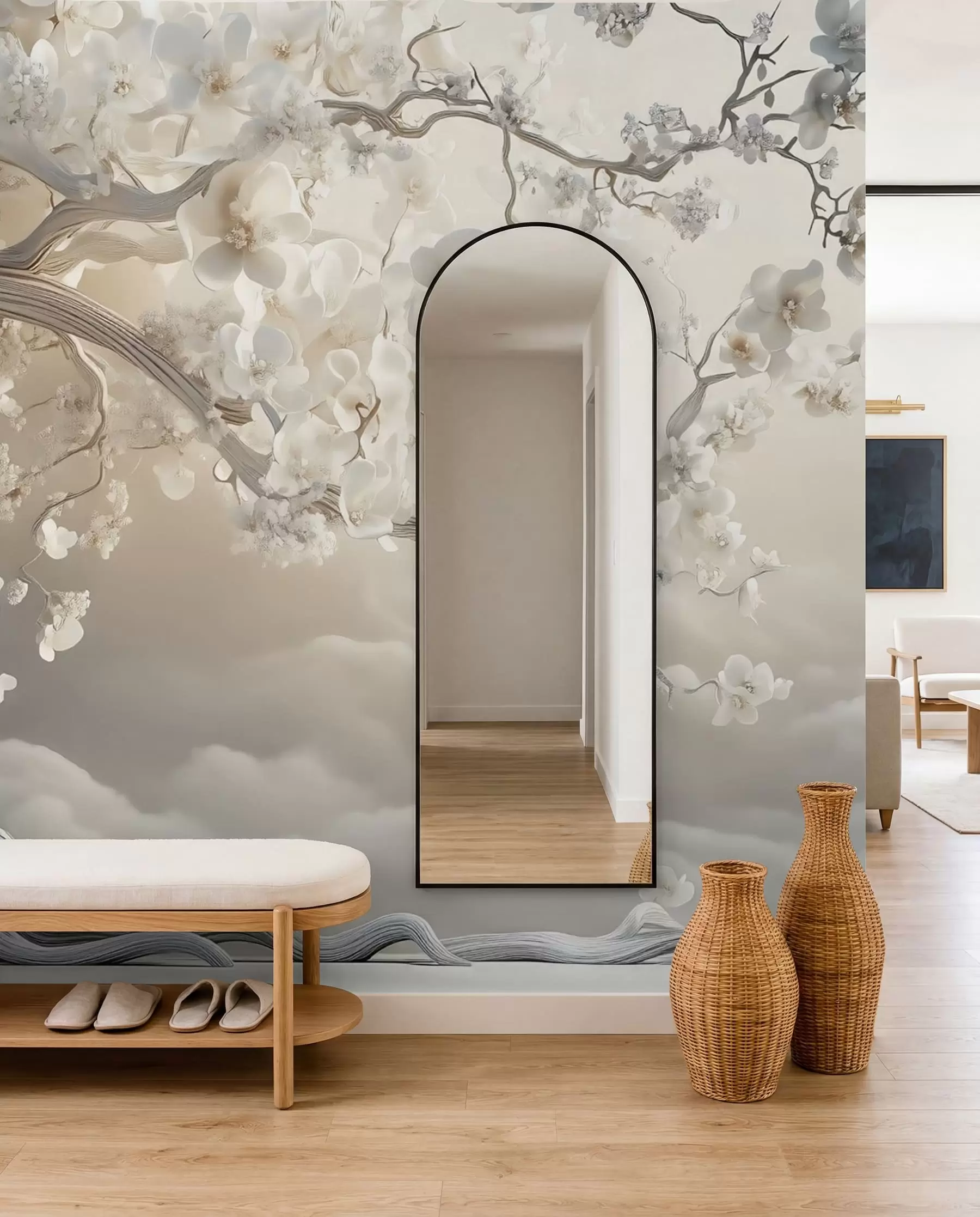 murais de parede Uma árvore encantadora com flores brancas contra o fundo de nuvens em um estilo interessante com cores quentes e delicadas w02133