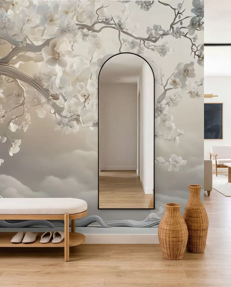 murais de parede Uma árvore encantadora com flores brancas contra o fundo de nuvens em um estilo interessante com cores quentes e delicadas w02133