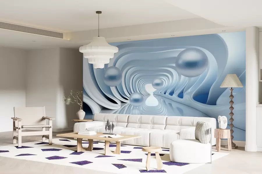 murais de parede Papel de parede futurista com um panorama do túnel em perspectiva e pérolas voadoras w02134