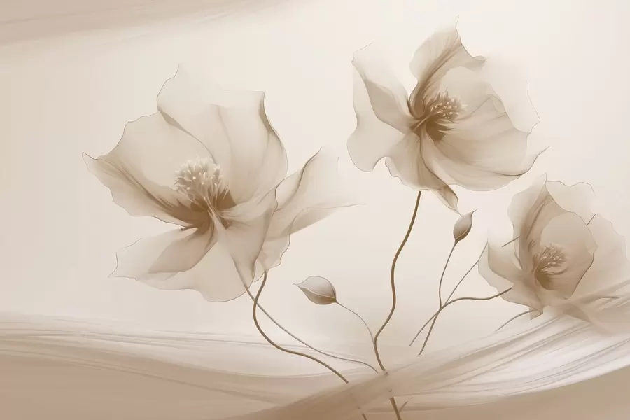 murais de parede Três graciosas flores com pétalas translúcidas, entrelaçadas com fitas de luz e vento em tons de bege w01932