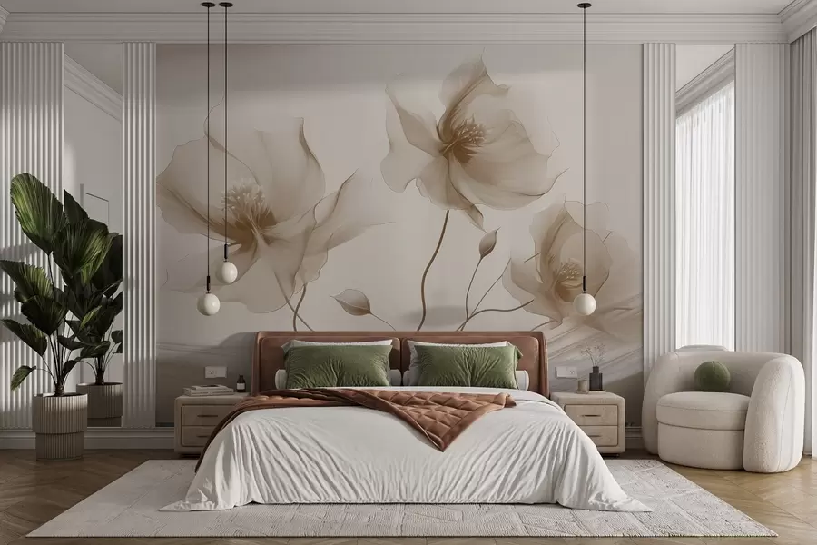 murais de parede Três graciosas flores com pétalas translúcidas, entrelaçadas com fitas de luz e vento em tons de bege w01932