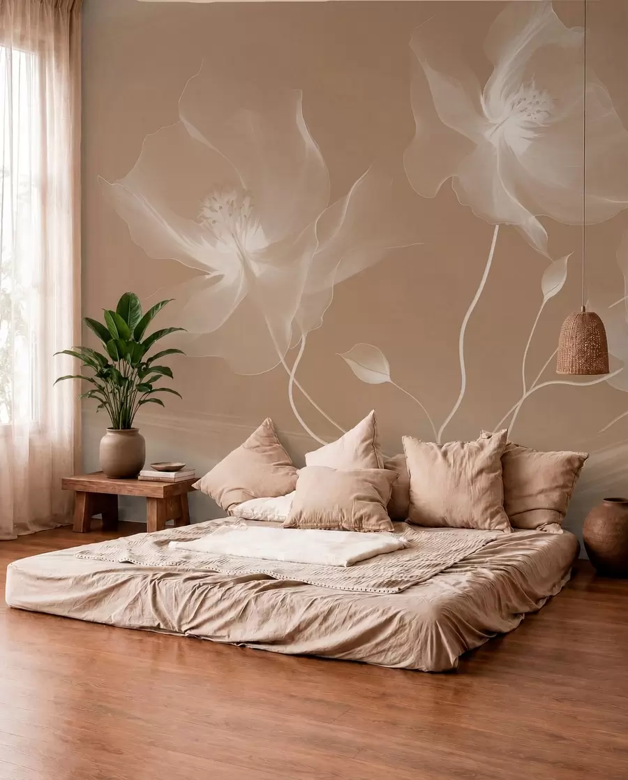 murais de parede Três graciosas flores com pétalas translúcidas, entrelaçadas com fitas de luz e vento em sépia w01932v1